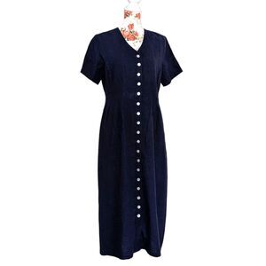 Orvis Sz 14 Linen Blend Navy Blue Maxi Dress Tradwife Classic Nautical  Office